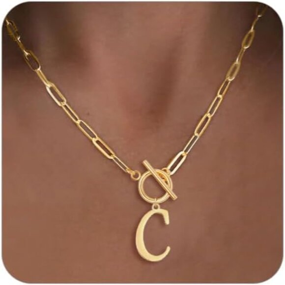 Jewelry - Personalized Vintage Gold Initial Necklace - Stylish Paperclip Chain Design
